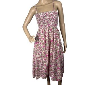 Maisie Women's Dress Sz‎ S Smocked Floral Midi Pockets Pink Cotton Cottagecore